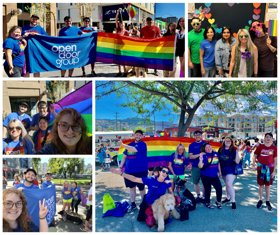 Open Door Group team at the Kamloops Pride Parade. All team members dressed in ODG Happy Pride t-shirts and held Pride banner to walk the parade at downtown Kamloops.