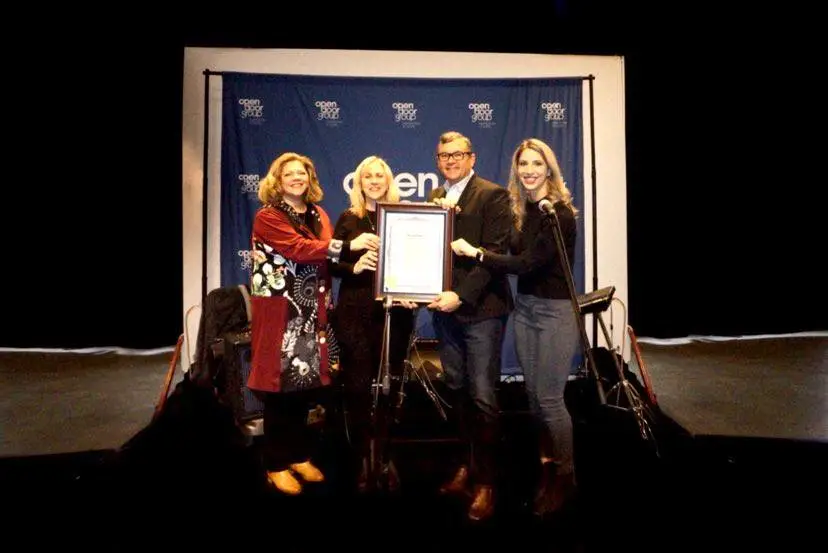 Photos of the City of Vancouver Council members to deliver the proclamation at the PEBCelebratesLive 2022 Event. From left to right: Monique Nelson (posAbilities), Councillor Sarah Kirby-Yung (City of Vancouver), Councillor Mike Klassen (City of Vancouver), and Nicole Allen (Open Door Group)