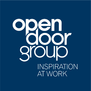 White 'Open Door Group' logo on blue background with the tagline 'Inspiration at Work"